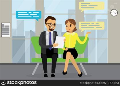 Business people talking in modern office,workplace interior,Male and female characters sitting on sofa,cartoon vector illustration.