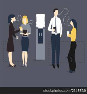 Business people talking next to the water dispenser. Vector illustration. . Office People drinking at the Water Cooler. Vector illustration.