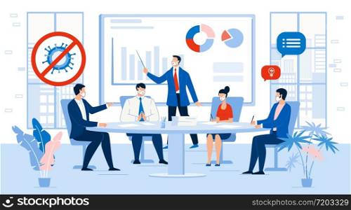 Business People Team in Face Mask Meeting Contemporary Management. Solving Problem, Analyzing Financial Statistics Data Presentation Report after Coronavirus Pandemic on Corporate Briefing, Conference. Business Team Meeting Contemporary Management