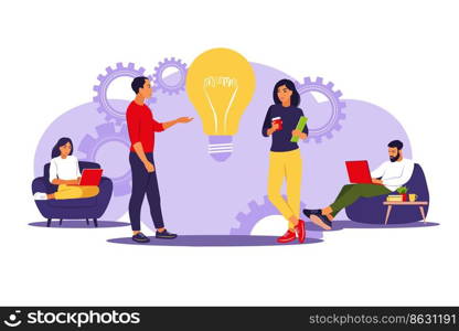 Business people team in office or coworking space. Planning project marketing strategy concept, sharing ideas. Vector illustration. Flat style