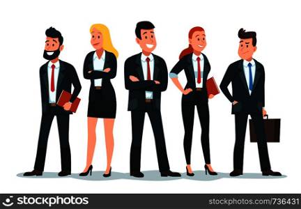 Business people team. Office teamwork, professional finance workers group and businessman characters. Salesman team, colleagues conference meeting or freelance businessman vector cartoon illustration. Business people team. Office teamwork, professional finance workers group and businessman characters vector cartoon illustration