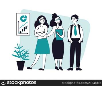 Business people team. Professional office workers, happy employees and growth financial chart. Leadership and teamwork vector concept. Illustration of professional worker business. Business people team. Professional office workers, happy employees and growth financial chart. Leadership and teamwork vector concept