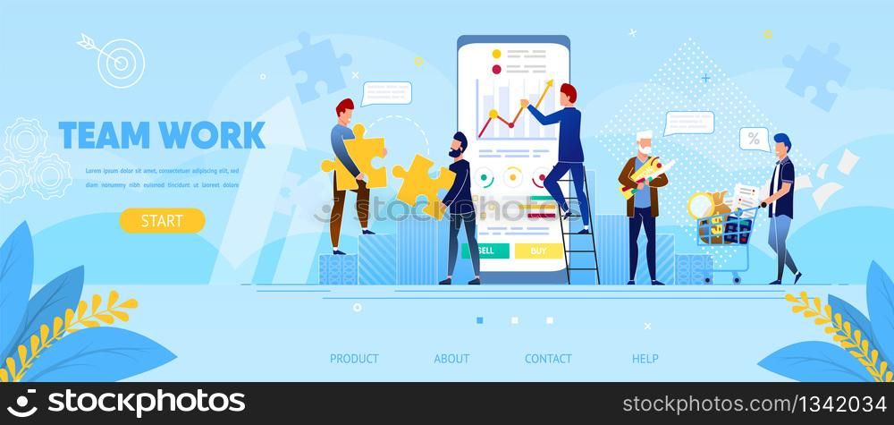Business People Team Work at Huge Smartphone with Trading Graphs on Screen. Man Broker Stand on Ladder Sell and Buy Currency, Busy Working Process. Cartoon Flat Vector Illustration. Horizontal Banner. Business People Work Together at Huge Smartphone