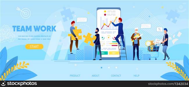 Business People Team Work at Huge Smartphone with Trading Graphs on Screen. Man Broker Stand on Ladder Sell and Buy Currency, Busy Working Process. Cartoon Flat Vector Illustration. Horizontal Banner. Business People Work Together at Huge Smartphone