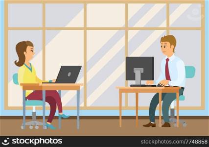 Business people teamwork, cartoon characters man and woman sit at computer tables opposite each other in office workspace. Office workers at desk with laptop. Colleagues communicate at work. Business people teamwork cartoon characters man and woman sit at computer tables opposite each other