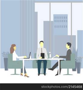 Business people teamwork. Colleagues are sitting at the desk and working at the laptop. Vector illustration.. Colleagues are sitting at the desk and working at the laptop.