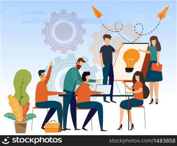 Business people teamwork composition with employees discussion with presentation and freelancers in coworking center. vector illustration