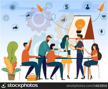 Business people teamwork composition with employees discussion with presentation and freelancers in coworking center. vector illustration