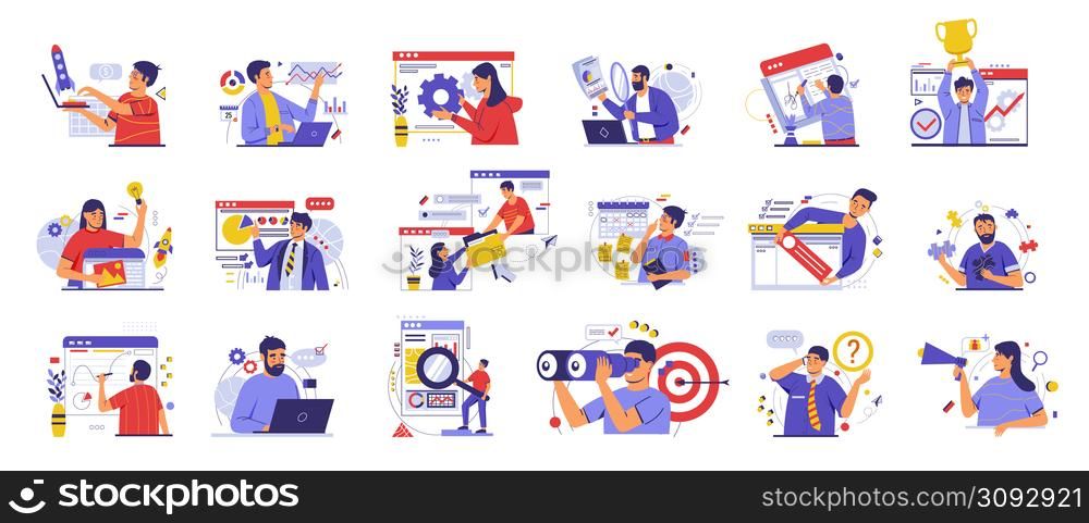 Business people teamwork. Men and women working with laptops. Employees scheduling or finding solution. Communication, brainstorming, discussion and strategic planning concept. Vector businessman set. Business people teamwork. Persons working with laptops. Employees scheduling or finding solution. Communication, brainstorming, discussion and planning concept. Vector businessman set