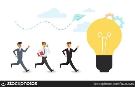 Business people think ideas, running, Light bulb. Vector illustration.