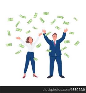 Business people throwing cash up flat concept vector illustration. Man and woman under money rain. Millionaires 2D cartoon characters for web design. Financial success creative idea. Business people throwing cash up flat concept vector illustration