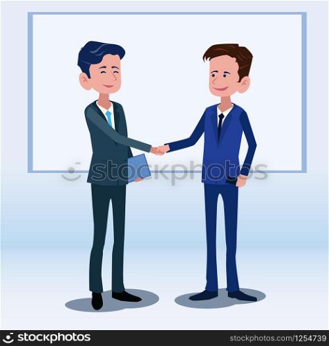 Business people Touch hands talk about stock market and investment Illustration vector On cartoons style Board view background