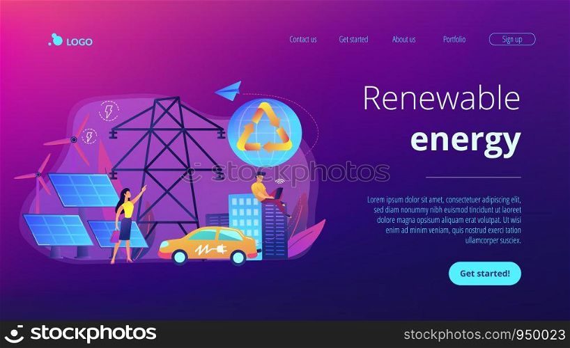 Business people use clean renewable electric energy in the city. Renewable energy, renewable power resources, rural energy services concept. Website vibrant violet landing web page template.. Renewable energy concept landing page.