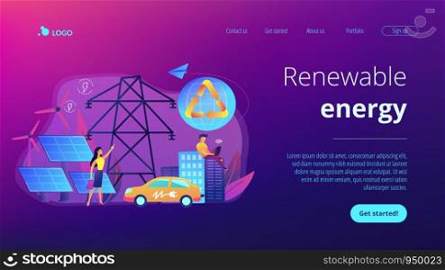 Business people use clean renewable electric energy in the city. Renewable energy, renewable power resources, rural energy services concept. Website vibrant violet landing web page template.. Renewable energy concept landing page.