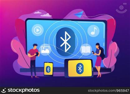 Business people using devices connected with bluetooth. Bluetooth connection, bluetooth standard, device wireless communication concept. Bright vibrant violet vector isolated illustration. Bluetooth connection concept vector illustration.