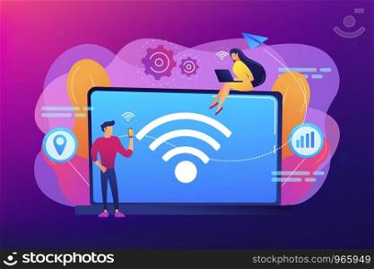 Business people using laptop and smartphone with WiFi connection. Wi-fi connection, WiFi communication technology, free internet services concept. Bright vibrant violet vector isolated illustration. Wi-fi connection concept vector illustration.