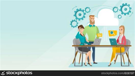 Business people using laptops during meeting. Caucasian business people at business meeting. Office workers gathered together at table in office. Vector flat design illustration. Horizontal layout.. Business meeting in office vector illustration.