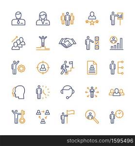 Business people, vector color linear icons set. Business management. Interaction, trust handshake, work, success and more. Isolated collection icons of business people for websites. Editable stroke.