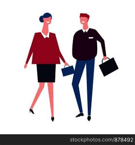 Business people walking with bags together, workers team vector. Teamwork of businessman and businesswoman, meeting of partners ready to discuss issues. Conference and talk of company managers. Business people walking with bags together, workers team