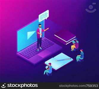 Business people watching online professional presentation on laptop. Online presentation, professional conference, web meeting room concept. Ultraviolet neon vector isometric 3D illustration.. Online presentation isometric 3D concept illustration.