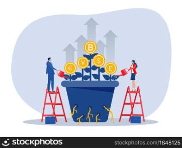 business people watering money tree at pile of cash, analyzing wealth and prosperity. Vector illustration