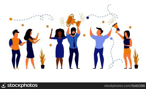 Business people winner prize customer vector illustration employee. Man and woman celebration first quality rank. Office people reward cup trophy up success. Award leader victory goal challenge