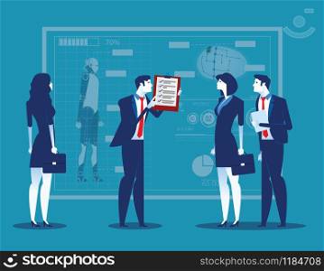 Business people with analysis results and presentation to partners. Concept business vector illustration.