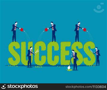 Business people with care plant shape and watering of the word success. Concept business vector illustration. Flat design style.