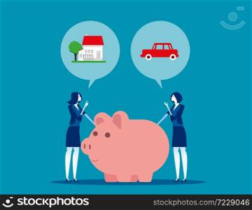 Business people with different needs. Concept business vector, Planning, Piggy bank, Saving and investing.