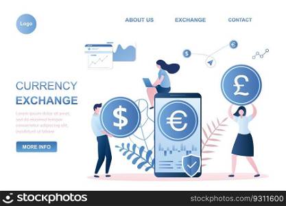 Business people with euro and dollar coins. Big smartphone with currency stock market application and UK pound sign. Global and exchange market landing page template. Trendy style vector illustration.