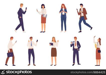Business people with gadgets. Men and women in biz suits use digital devices, laptop, tablet and smartphones. Contracts online, texting on phone, taking selfie and chatting vector cartoon isolated set. Business people with gadgets. Men and women in biz suits use digital devices, laptop, tablet and smartphones. Contracts online, texting on phone and chatting vector cartoon isolated set