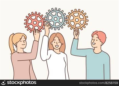 Business people with gears symbolize collaboration between company employees for successful implementation KPI. Men and women jointly participate in business process cooperating for effective teamwork. Business people with gears symbolize collaboration between company employees for implementation KPI
