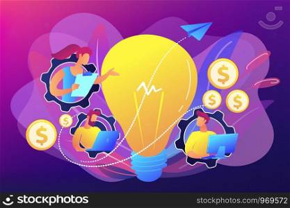 Business people with laptops working and lightbulb. Business trend analysis and choosing business direction concept on ultraviolet background. Bright vibrant violet vector isolated illustration. Business trend analysis concept vector illustration.