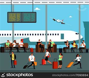 Business people with luggage at airport vector travel concept. Terminal with man and woman with baggage illustration. Business people with luggage at airport vector travel concept