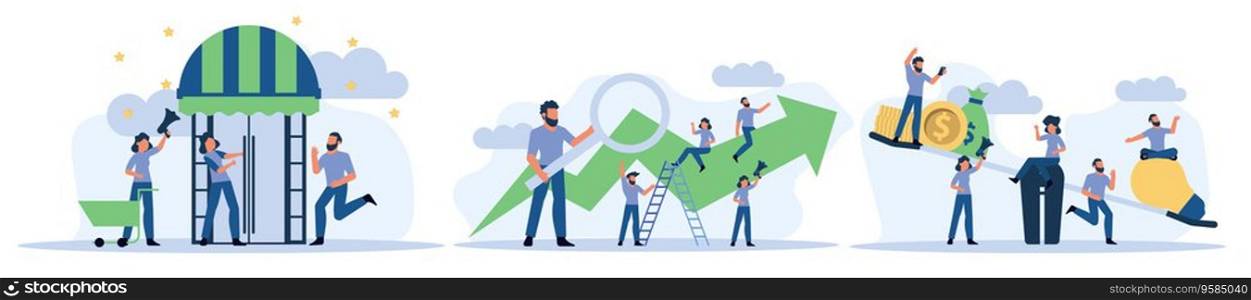 Business people with money analytics vector financial performance teamwork. Man and woman advertising boost work job marketing. Concept illustration office group employee.