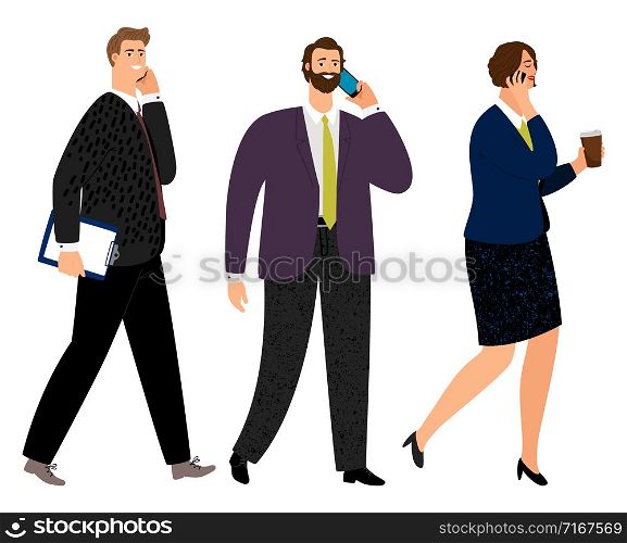 Business people with phones. Vector office men and woman walk and communicate by phones isolated on white background. Business people with phones