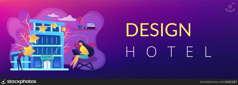 Business people with rating stars for design hotel architecture and interior. Design hotel, modern architecture, unique interior decoration concept. Header or footer banner template with copy space.. Design hotel concept banner header.