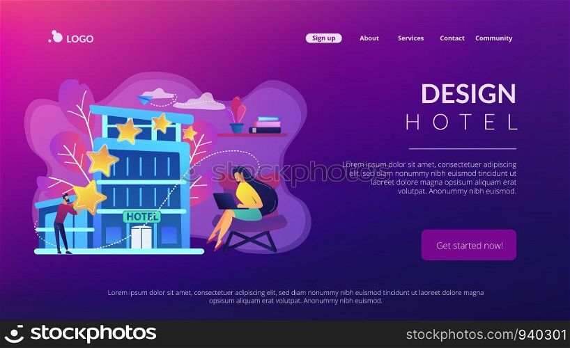Business people with rating stars for design hotel architecture and interior. Design hotel, modern architecture, unique interior decoration concept. Website vibrant violet landing web page template.. Design hotel concept landing page.