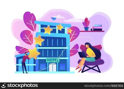 Business people with rating stars for design hotel architecture and interior. Design hotel, modern architecture, unique interior decoration concept. Bright vibrant violet vector isolated illustration. Design hotel concept vector illustration.