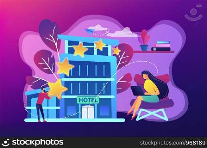 Business people with rating stars for design hotel architecture and interior. Design hotel, modern architecture, unique interior decoration concept. Bright vibrant violet vector isolated illustration. Design hotel concept vector illustration.