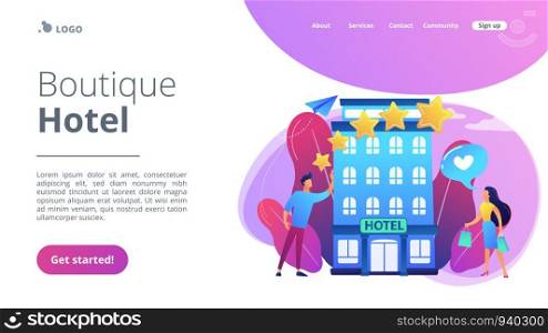 Business people with rating stars like the stylish boutique hotel. Boutique hotel, ultra-personalized service, high-end residential concept. Website vibrant violet landing web page template.. Boutique hotel concept landing page.
