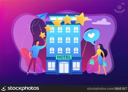 Business people with rating stars like the stylish boutique hotel. Boutique hotel, ultra-personalized service, high-end residential concept. Bright vibrant violet vector isolated illustration. Boutique hotel concept vector illustration.