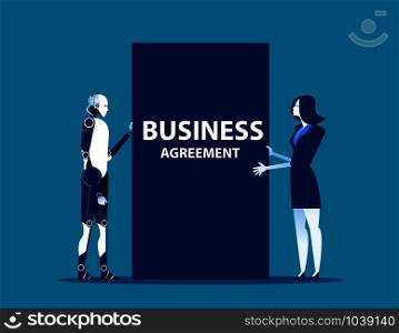 Business people with robot and agreement of business. Concept business vector illustration.