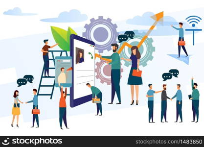 business people with smartphone concept modern business vector illustration. man checking mobile phone and discussion. communication and internet of think.