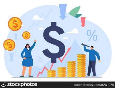 Business people with stacks of coins and arrow going up. Recession of value or worth of money in financial market, price increase flat vector illustration. Inflation, economy concept for banner