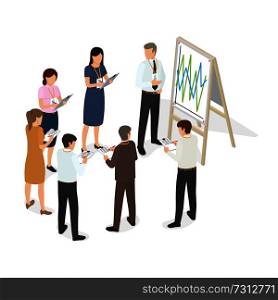 Business people with tablet standing in circle and writing on paper. Managing standing near poster with schedule, speech reports and humans looking at him. Vector illustration in cartoon style.. Business People with Tablet Write Changes on Paper