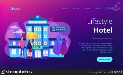 Business people with thumb up for modern trendy lifestyle hotel. Lifestyle hotel, modern hospitality trend, cutting-edge hotel concept. Website vibrant violet landing web page template.. Lifestyle hotel concept landing page.