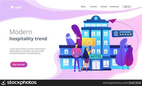 Business people with thumb up for modern trendy lifestyle hotel. Lifestyle hotel, modern hospitality trend, cutting-edge hotel concept. Website vibrant violet landing web page template.. Lifestyle hotel concept landing page.