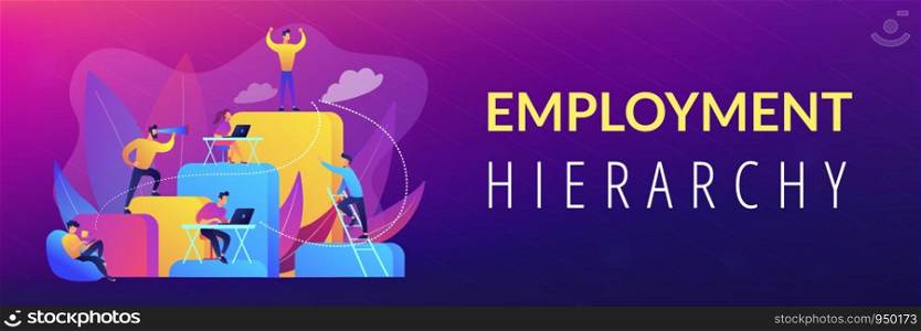 Business people work and climb the corporate ladder. Employment hierarchy, career planning, career ladder and growth concept on white background. Header or footer banner template with copy space.. Corporate ladder concept banner header.