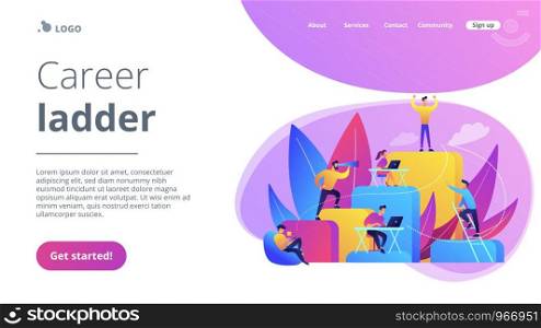 Business people work and climb the corporate ladder. Employment hierarchy, career planning, career ladder and growth concept on white background. Website vibrant violet landing web page template.. Corporate ladder concept landing page.
